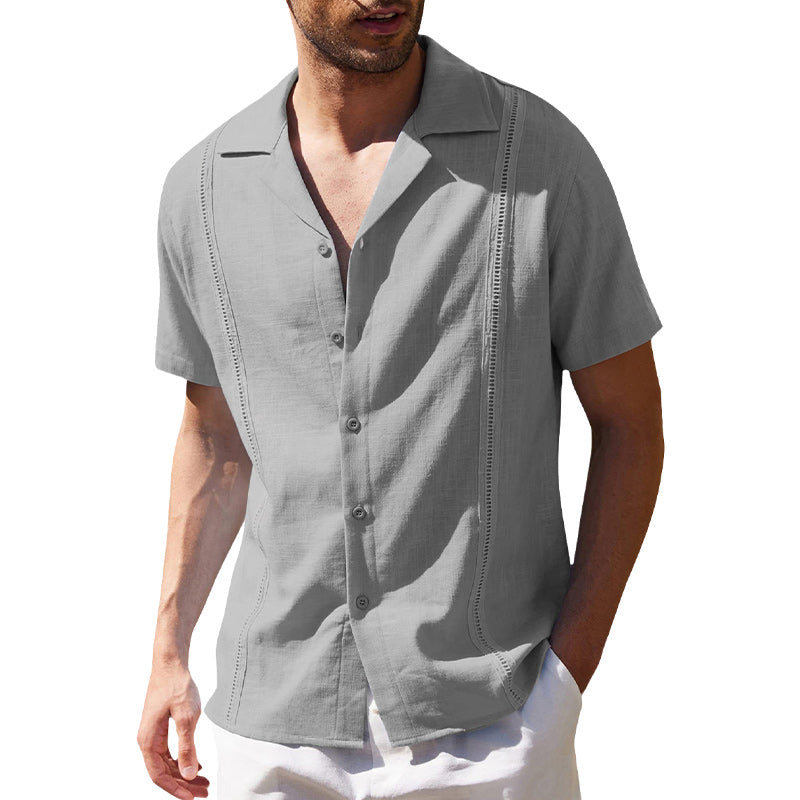 Loookus - Mens Cotton Linen Casual Cuban Short Sleeve Beach Shirt