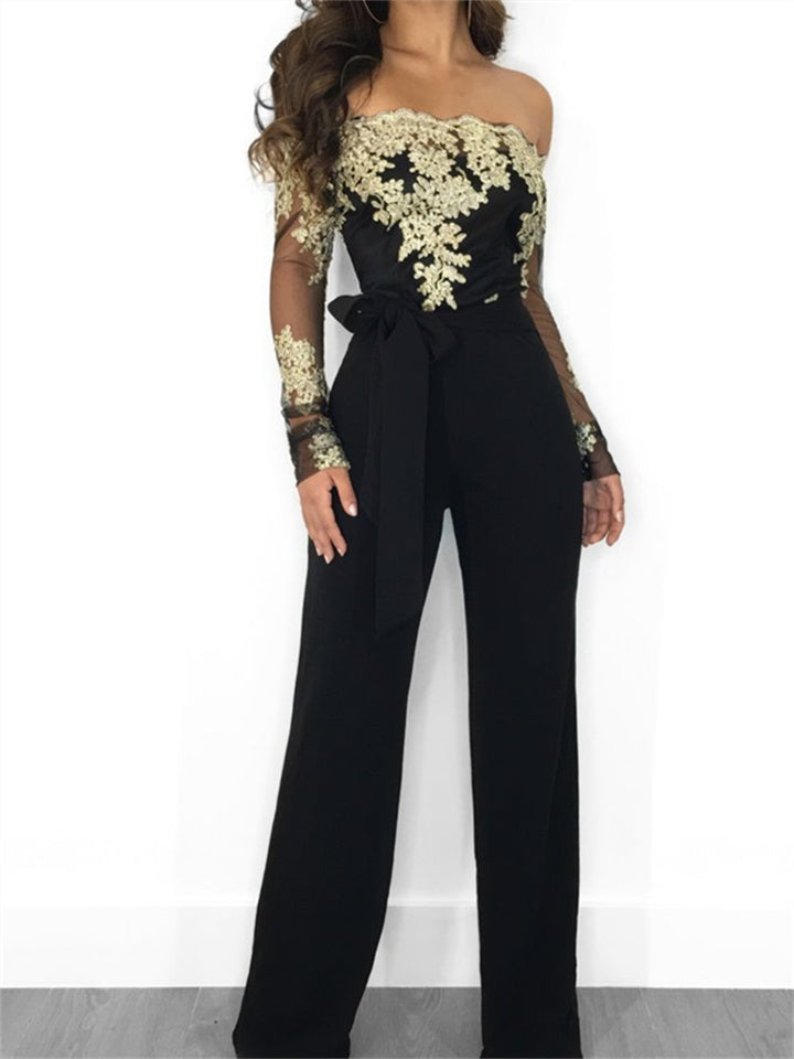 Loookus - Women's Sexy 2022 Blue Black Wine Jumpsuit Floral Tulle Chiffon Lace / Wide Leg