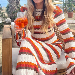 Loookus - Striped Color Block Knitted Hollow Out Maxi Dress Beach Vacation Style