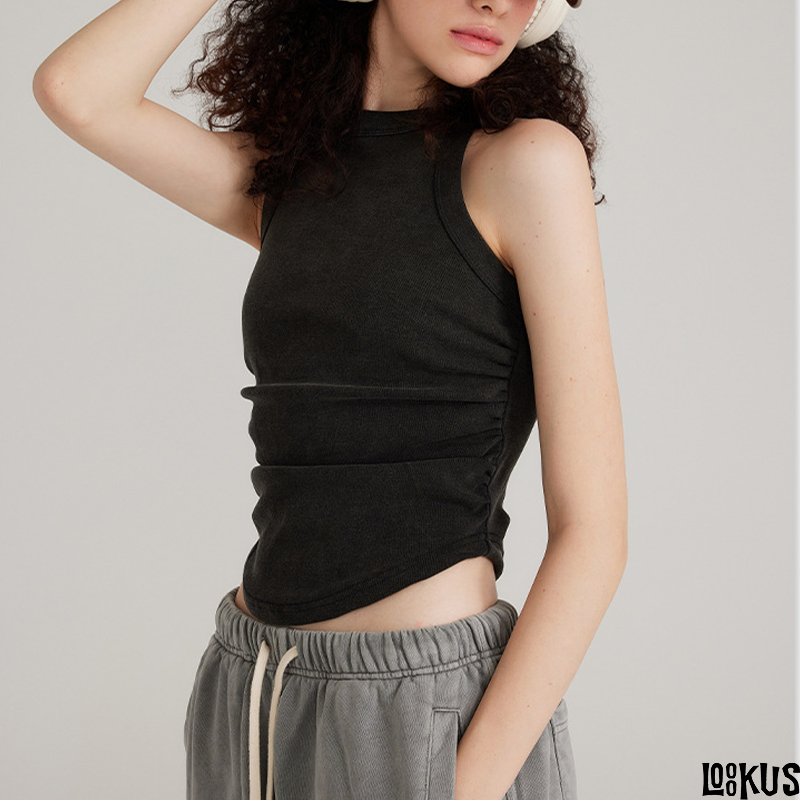 Loookus- Retro Washed Cropped Ruched Tank Top