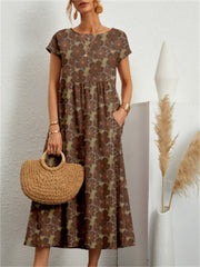Loookus - Summer Fashion Flora Ladies Round Neck Loose Cotton Linen Sleeveless Round Neck Print Dress A Dress