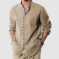 Loookus - Gentleman's Standing Collar Button Down Cotton Linen Shirt