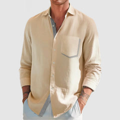 Loookus - Men's Classic Color Block Patchwork Cotton Linen Shirt