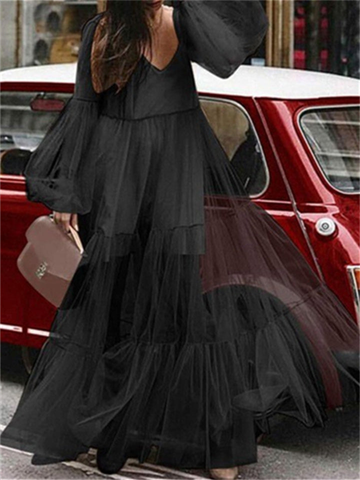 Loookus - Summer New Women's V-neck High Waist Fashion Bubble Sleeve Mesh See-through Dress Elegant Wind Swing Type Long Dress