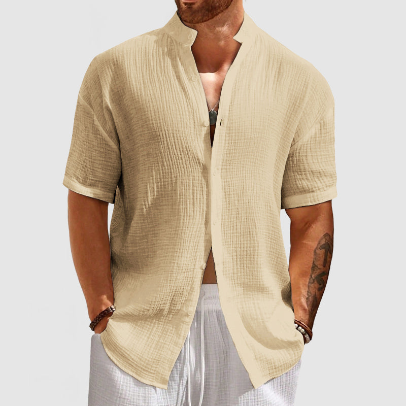 Loookus - Men's Casual Pleated Textured Short Sleeve Shirt