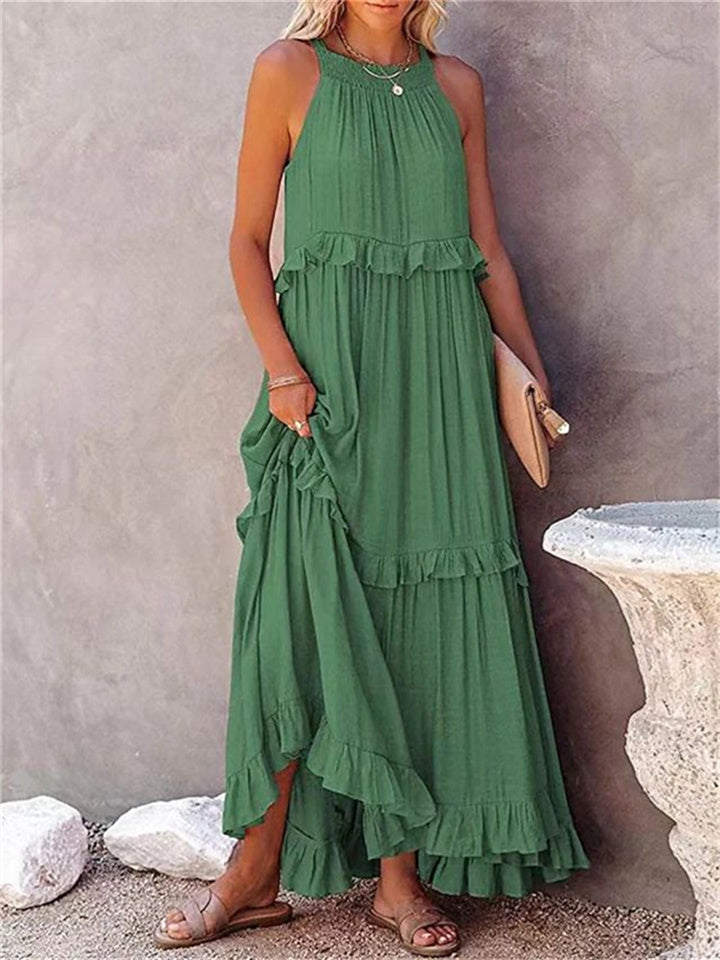 Loookus - Summer New Holiday Style Ruffled Long Dress Sleeveless Round Neck Swing Elegant Beach Dress Women