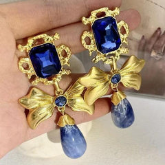 Loookus - Bow Knot Rhinestone Handmade Blue Glass Earrings