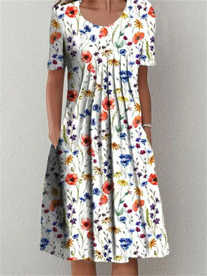 Loookus - Casual Flower Round Neck Medium Length Straight Dress