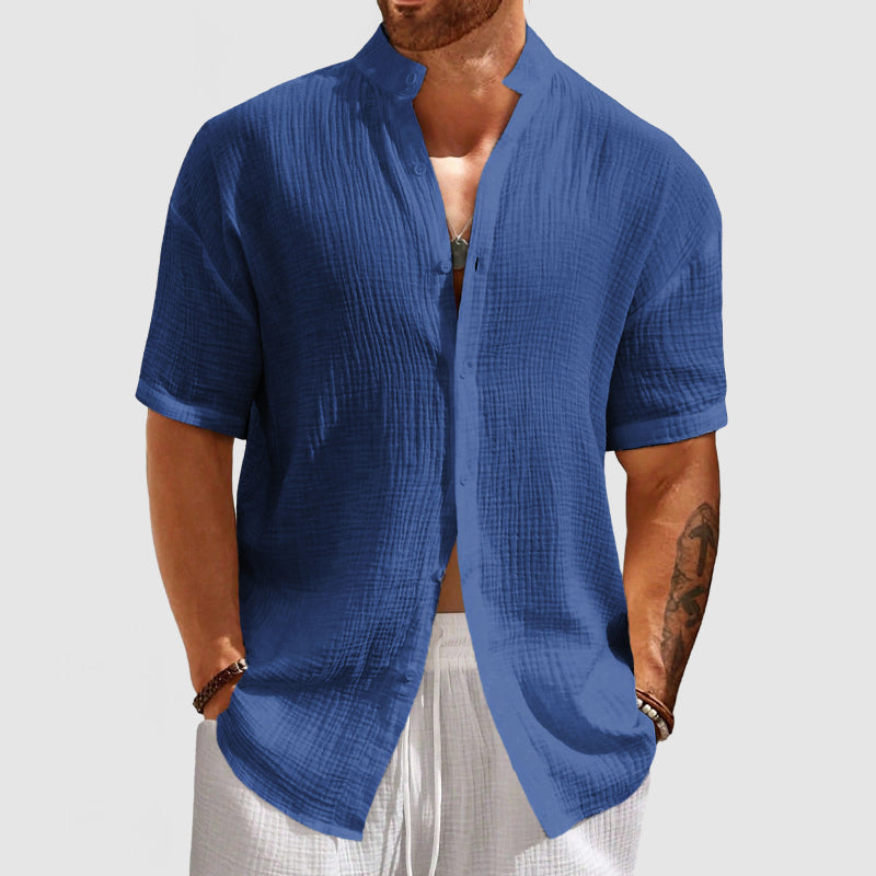 Loookus - Men's Casual Pleated Textured Short Sleeve Shirt