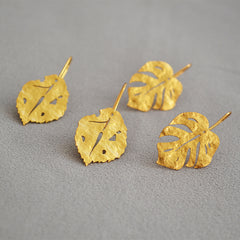 Loookus - Frosted Granular Retro Gold Leaves Earrings