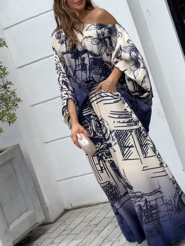 Loookus - Printed Loose Puff Sleeves Off-the-shoulder Two-Piece Sets Pants Blouses