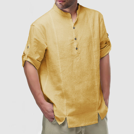 Loookus - Men's Daily Cotton Linen Long Sleeve Henley Shirt
