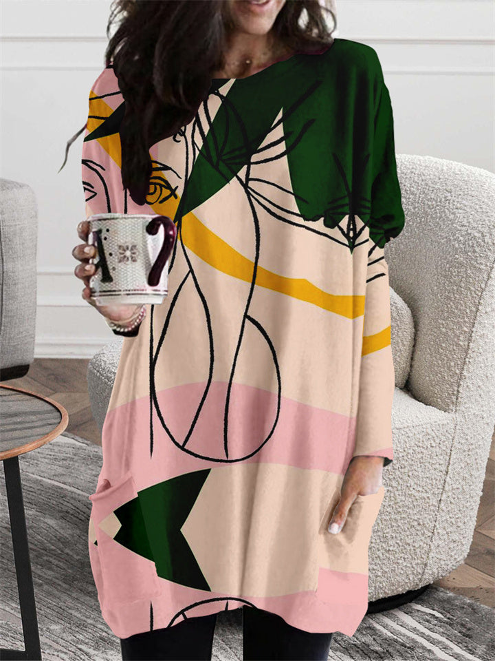 Loookus - Women's Plus Size T Shirt Dress Tee Dress Abstract Crew Neck Print Long Sleeve Winter Fall Casual Daily Vacation Dress