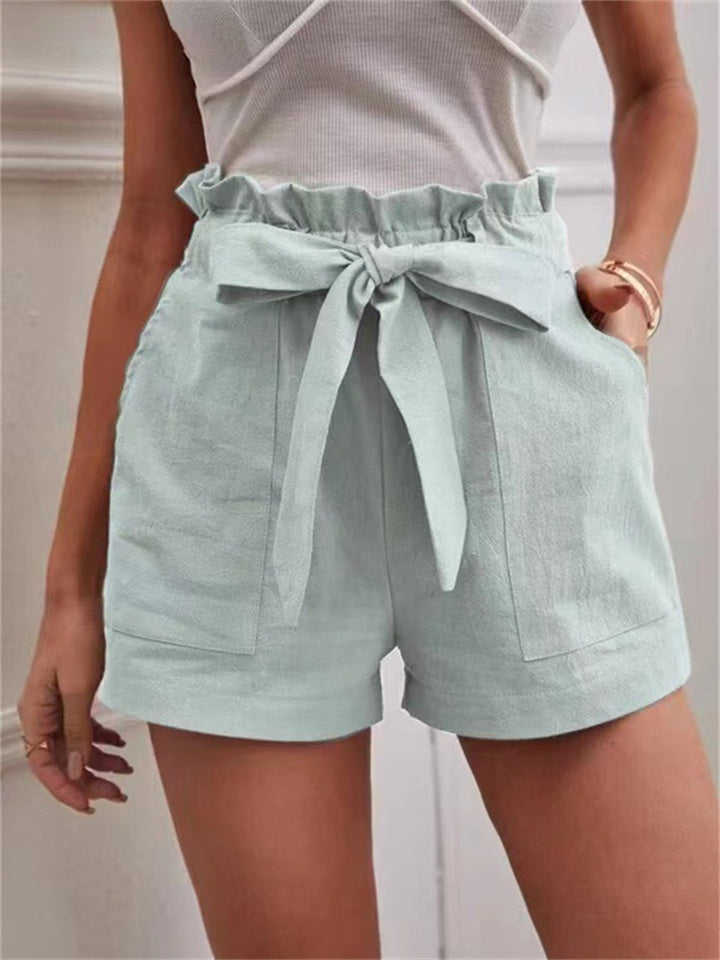 Loookus - Summer Ladies Loose Linen Casual Shorts Pockets Solid Color Big Yards High Waist Wide Leg Pants