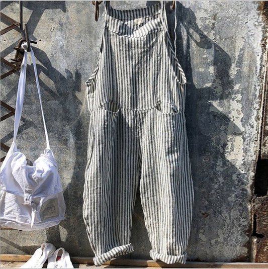 Loookus - Strap Striped Jumpsuit Wide Leg Pants Linen