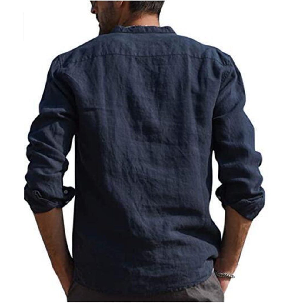 Loookus - Men's Cotton Linen Summer Solid Color  Stand-Up Collar Long-Sleeved Shirts