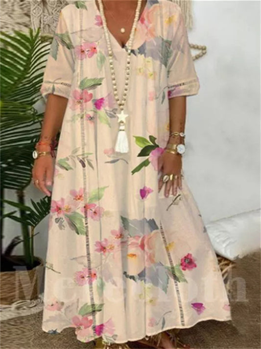 Loookus - Spring and Summer New V-neck Mid-sleeve Urban Casual Women's Long Dress Printed Elegant Commuter Style Dress S,M,L,XL,XXL