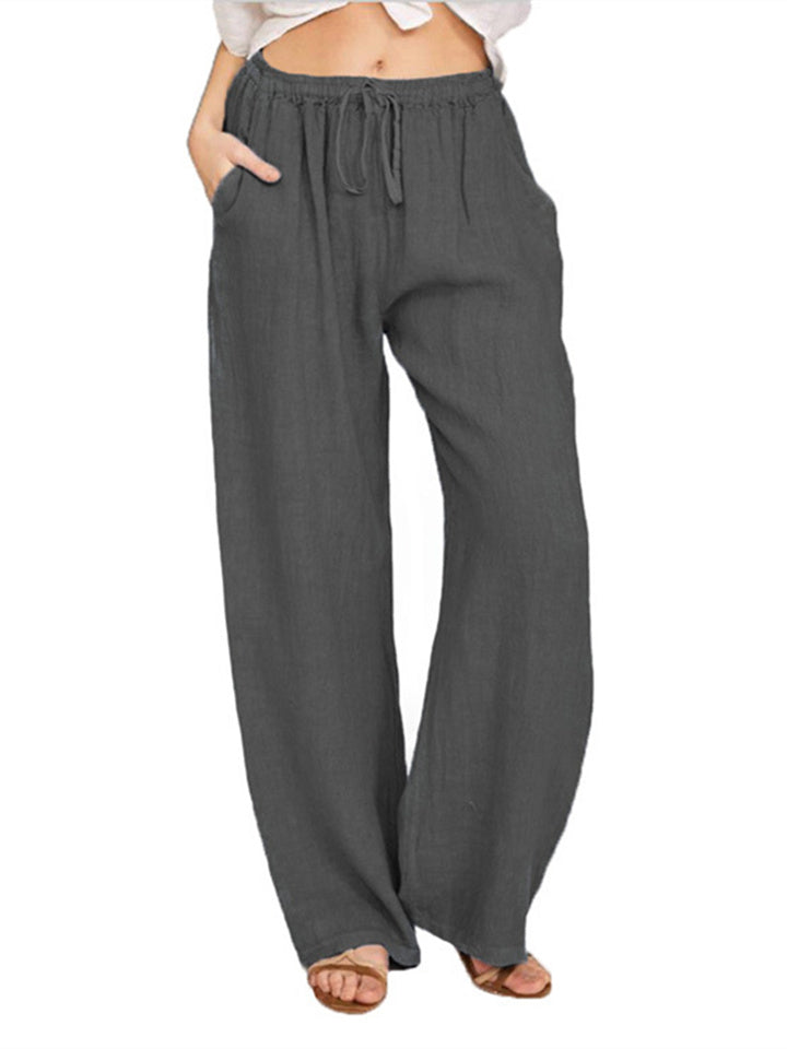 Loookus - New Women's Casual Pants Solid Color Cotton and Linen Loose High-waisted Tie Wide-legged Pants