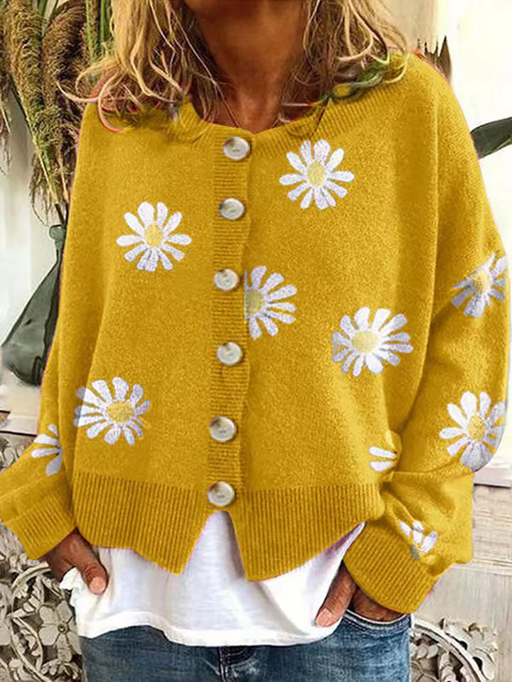 Loookus - Autumn and Winter New Loose Sweater Ms. Small Autumn Chrysanthemum Embroidery Needle Cardigan Women's Clothing