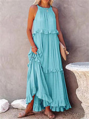 Loookus - Summer New Holiday Style Ruffled Long Dress Sleeveless Round Neck Swing Elegant Beach Dress Women