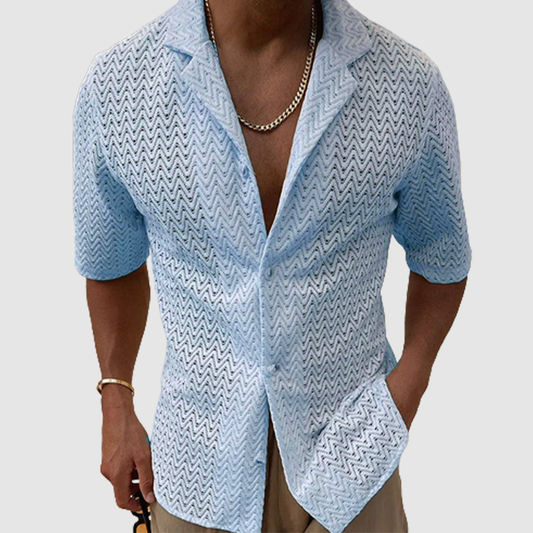 Loookus - Men's summer hollowed-out sweater solid color lapel short sleeve knit shirt