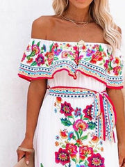 Loookus - Off Shoulder Floral-Print Swing Cold Shoulder Dresses White Dresses