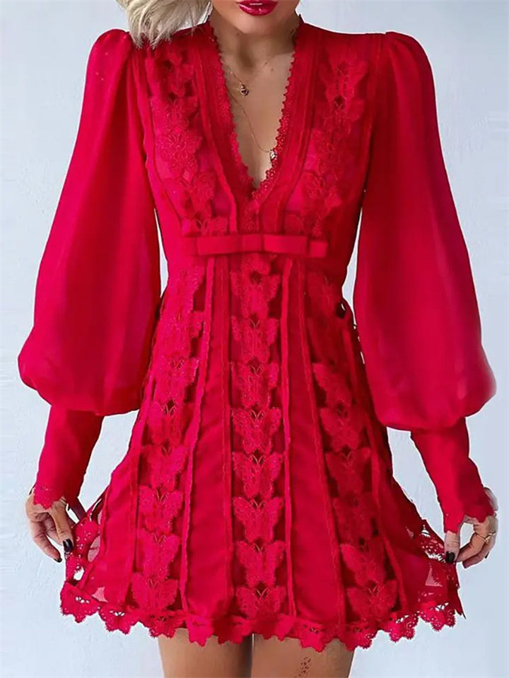 Loookus - Lantern Sleeve Lace Splicing Deep V Solid Color Long Sleeve Dress