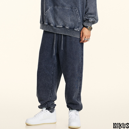 Loookus-Men's Loose-Fit Washed Terry Jogger Pants