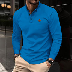 Loookus - Waffle Textured Solid Color Button-Up Polo Shirt with Long Sleeves