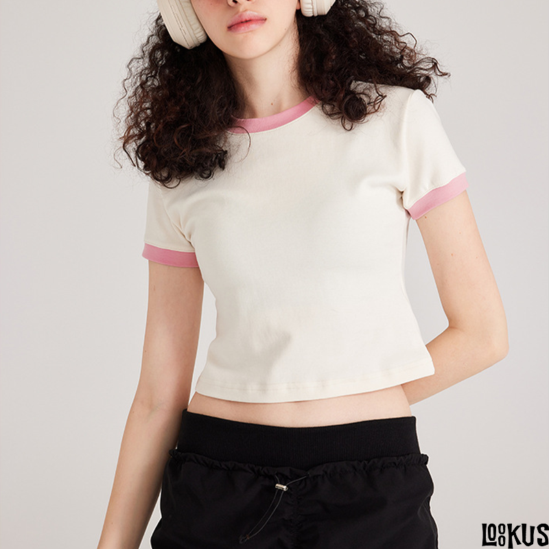 Loookus - Retro Contrast Color Round Neck Short Sleeve Cropped Women's T-Shirt