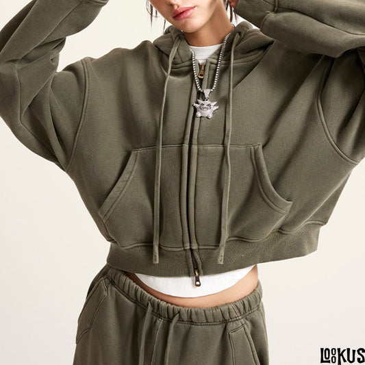 Loookus - Vintage Washed Y2K Hoodie Zip-Up Jacket &amp; Cargo Skirt Set