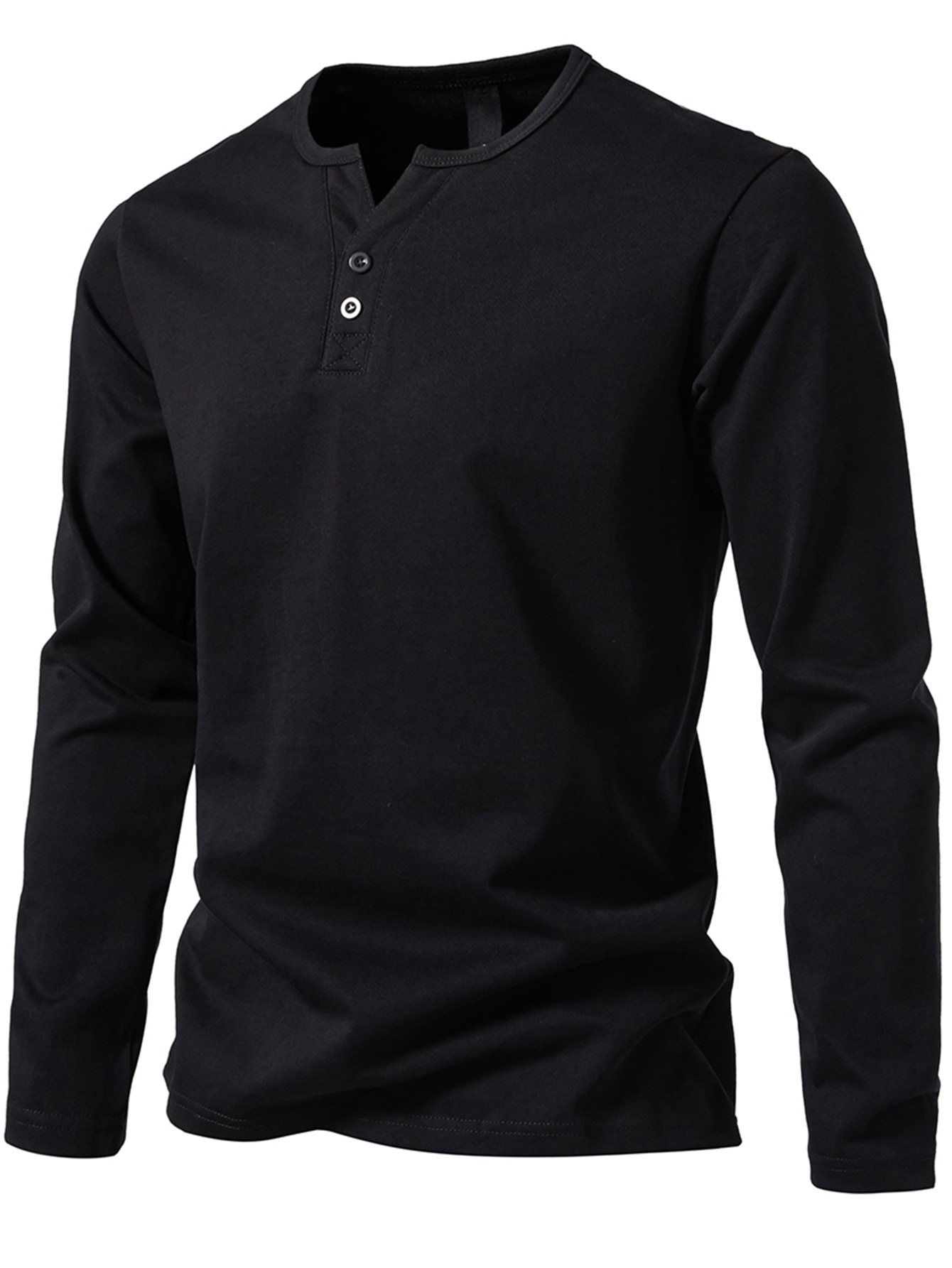 Loookus - Long Sleeve Cotton With Small V-Shape Collar Henley Shirt