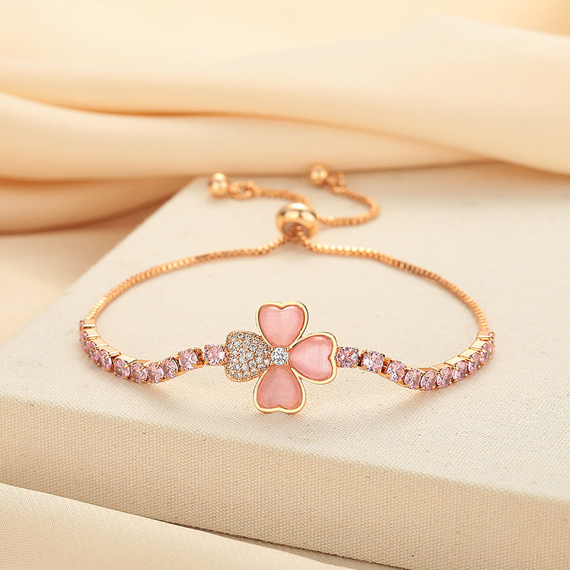 Loookus - Cat's Eye Stone Clover Pink Diamond Bracelet