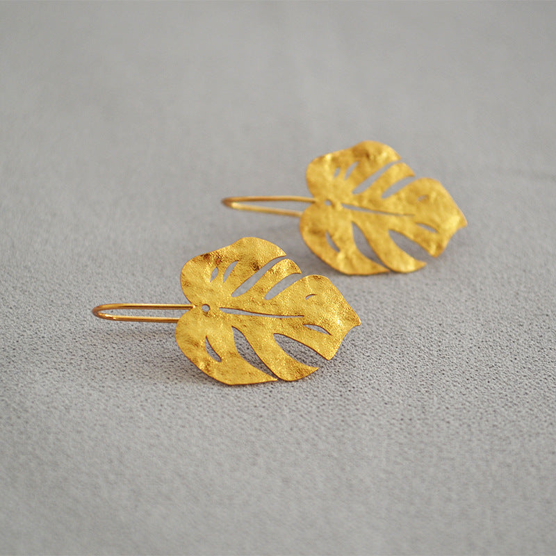 Loookus - Frosted Granular Retro Gold Leaves Earrings