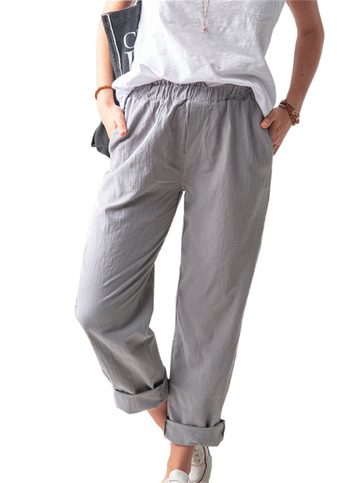 Loookus - New Women's Cotton and Linen Pants Solid Color Casual Elastic High Waist Straight Pants