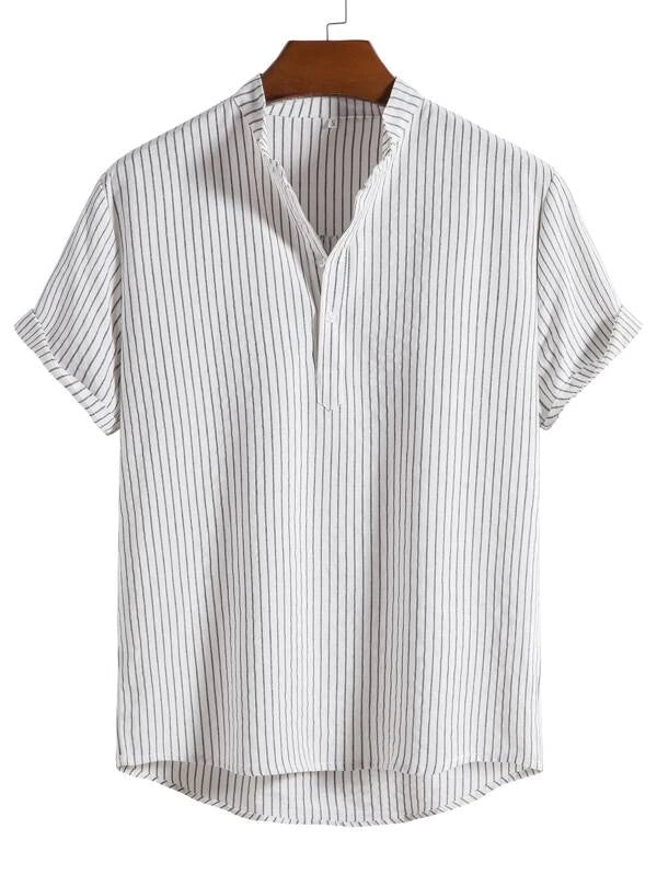 Loookus - Men Linen Striped Half Button Shirt