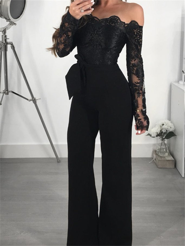 Loookus - Women's Sexy 2022 Blue Black Wine Jumpsuit Floral Tulle Chiffon Lace / Wide Leg