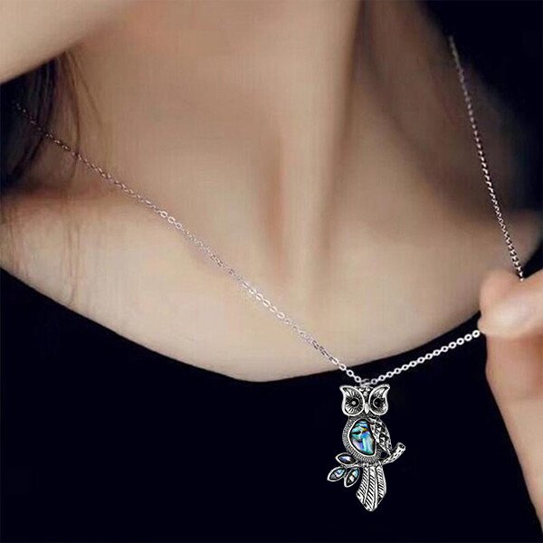 Loookus - Sterling Silver Abalone Jewellery Owl Pendant Necklace