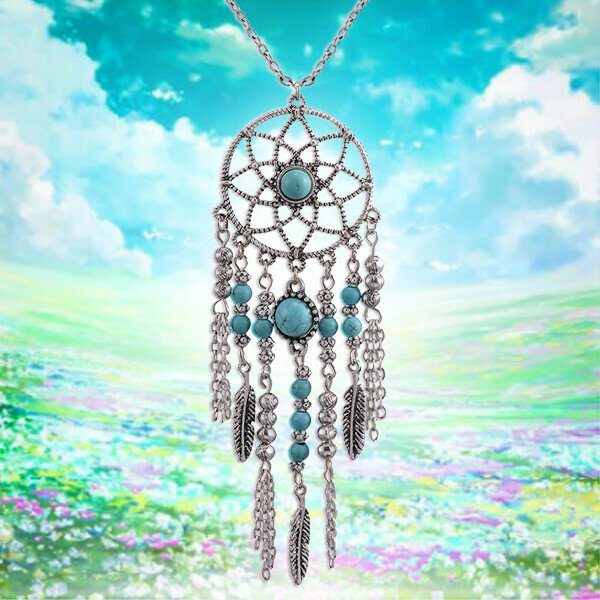 Loookus - "Sedona Sky" Tassel Pendant Hand-Enameled Turquoise Necklace