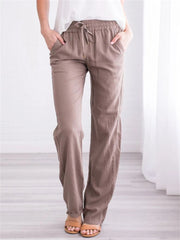 Loookus - Summer Women's Solid Color Cotton Linen Drawstring Loose Casual Wide Leg Pants