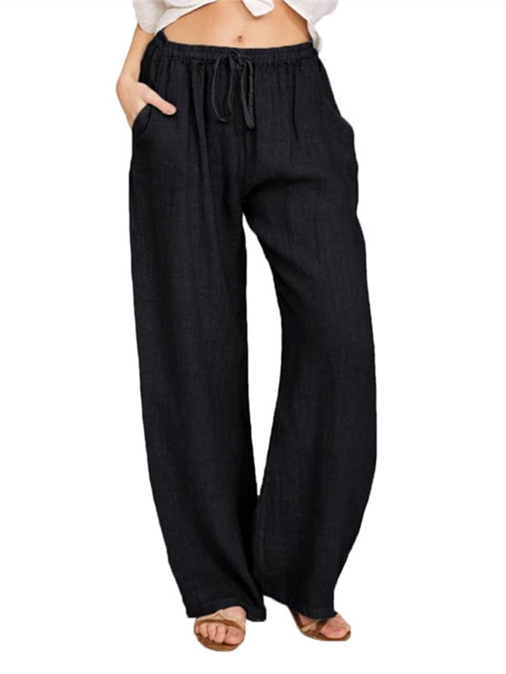 Loookus - New Women's Casual Pants Solid Color Cotton and Linen Loose High-waisted Tie Wide-legged Pants