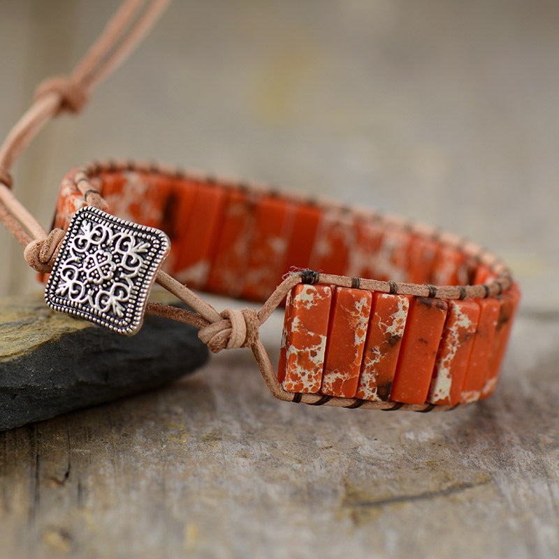 Loookus - Orange Imperial Stone Leather Handwoven Bracelet