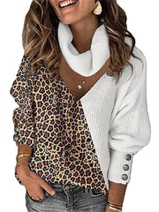 Loookus - Autumn and Winter New Women's Leopard Print Color Blocking Temperament V-neck Loose Scarf Hollowed Knitwear