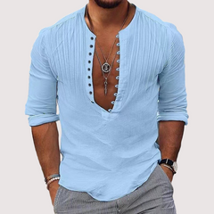 Loookus - Men's V-Neck Cotton Linen Solid Color Shirt