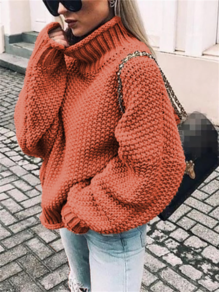 Loookus - Share  Photo by Supplier   Women's Sweater Pullover Jumper Knitted Solid Color Basic Casual Chunky Long Sleeve Loose Sweater Cardigans Turtleneck Fall Winter Light Blue Green White