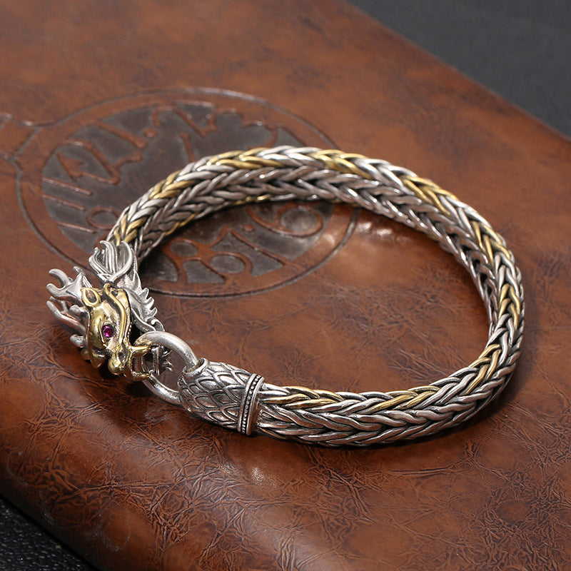 Loookus - 925 Silver Retro Hand Woven Gold Head Bracelet