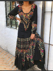 Loookus - Spring and Summer Printed Round Neck Long Stitched Long Sleeved Dress