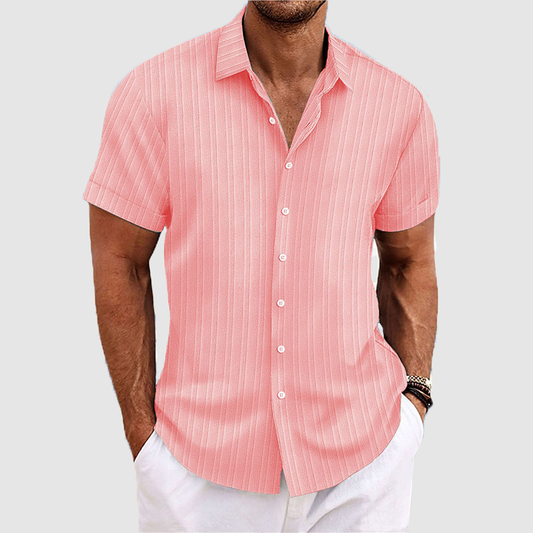 Loookus - Men's cotton and linen striped jacquard casual loose short-sleeved shirt