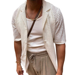 Loookus - Men's summer hollowed-out sweater solid color lapel short sleeve knit shirt