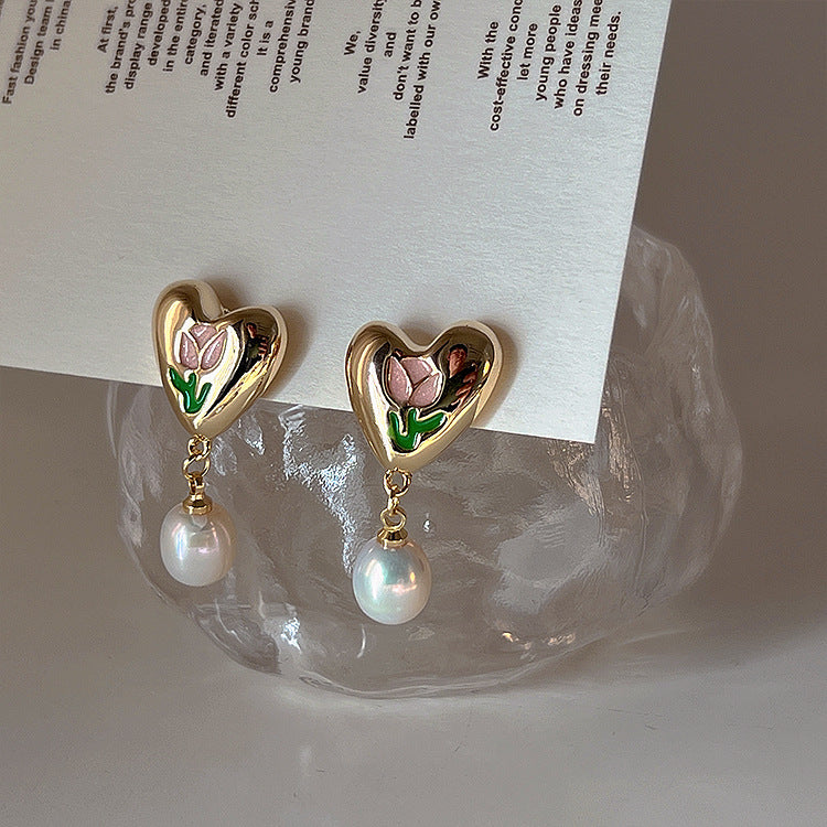 Loookus - Oil Dripping Tulip Metal Heart Pearl Earrings